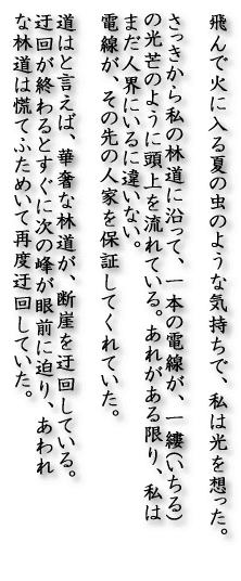 ���ŉ΂ɓ���Ă̒��̂悤�ȋC�����ŁA���͌���z�����B  ���������玄�̗ѓ��ɉ����āA��{�̓d�����A���~(������) �̌�䊂̂悤�ɓ���𗬂�Ă���B���ꂪ�������A���� �܂��l�E�ɂ���ɈႢ�Ȃ��B �d�����A���̐�̐l�Ƃ�ۏ؂��Ă���Ă����B  ���͂ƌ����΁A�ؚ��ȗѓ����A�f�R���I�񂵂Ă���B �I�񂪏I���Ƃ����Ɏ��̕􂪊�O�ɔ���A����� �ȗѓ��͍Q�Ăӂ��߂��čēx�I�񂵂Ă����B 