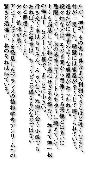 �����A�����A���̎����܂ŕ�����قǋ߂��Ȃ�ƁA������ς����B ��ǂɂ͉Ɖ����h�����Č��Ă��Ă��āA�i�ނ��тɎP���̂悤�� �p���������ꂽ�B �i�X���Ȃǂ́A���̌��t����z��������i�ςƂ͑����� ���u���Ă���B�i�̗����͂R���[�g�����䂤�ɒ����Ă��āA �悭���������Ȃ������Ɗ��S������𓾂Ȃ��B�����Ĕ��ꖇ �̕��͂P�D�T���[�g�����ŁA�܂��Ƃɏ������B �s�������Ԃ͂������A�l�����Ȃ��B�V��ɉ���� �ł�����΁A���̏��͂́A���傤�ǂ��̗l�Ȃ��̂Ȃ� �ł͂Ȃ����Ɩ��z�����肵���B ���X�A�C���������B�A���R�[�����b�g�𔭌������l��(���O������ׂ�B�����Ă����ɓ����)�̋����Ƌ��|�ɁA���̂���͎��Ă���B 